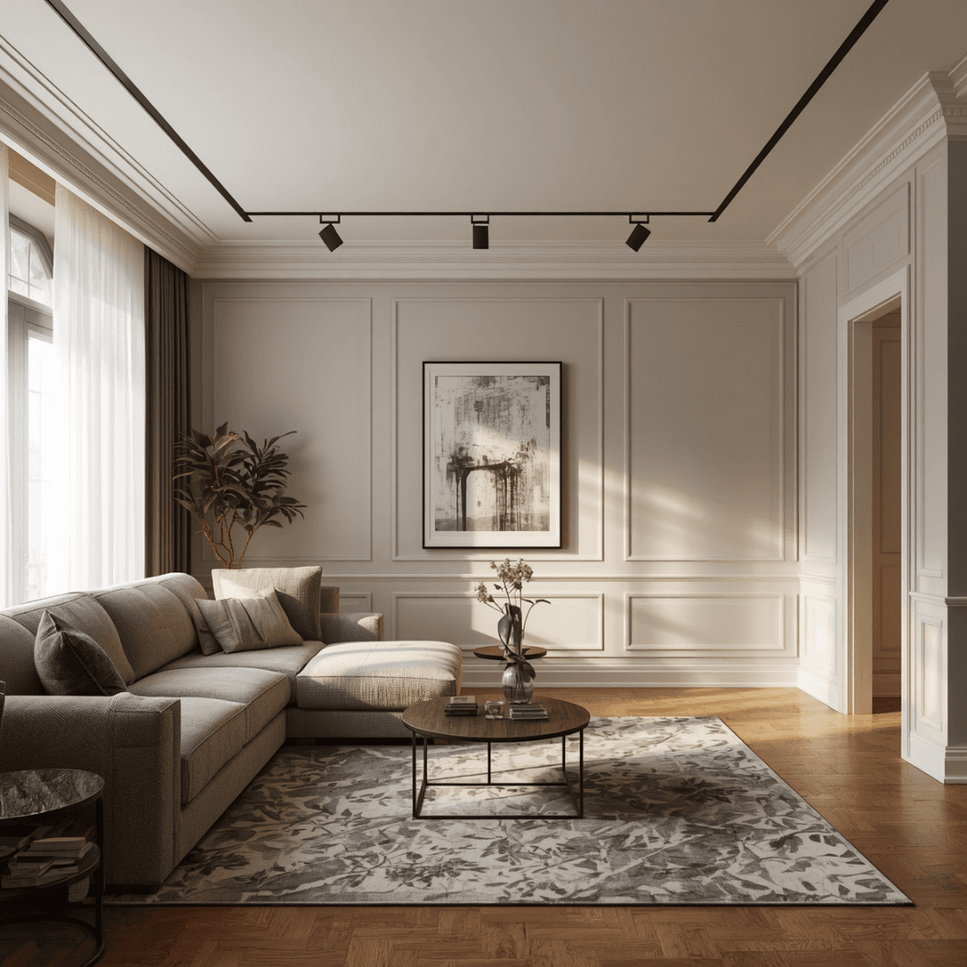 Staged living room with sofa, chairs, and large windows — fictional stock photo for this listing preview, not a specific property for sale.